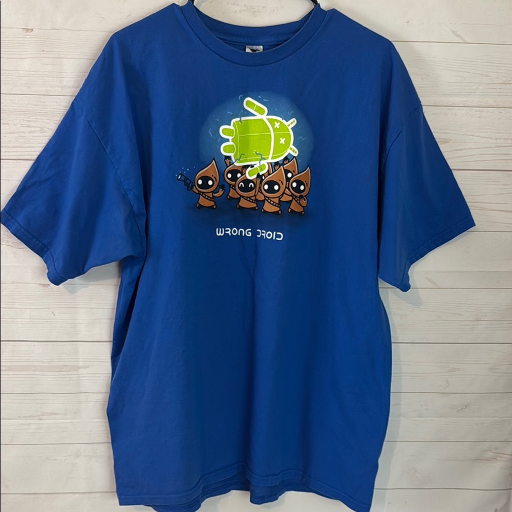 TEE FURY Size XL Blue Graphic Wrong Droid T-Shirt Google Star Wars Parody